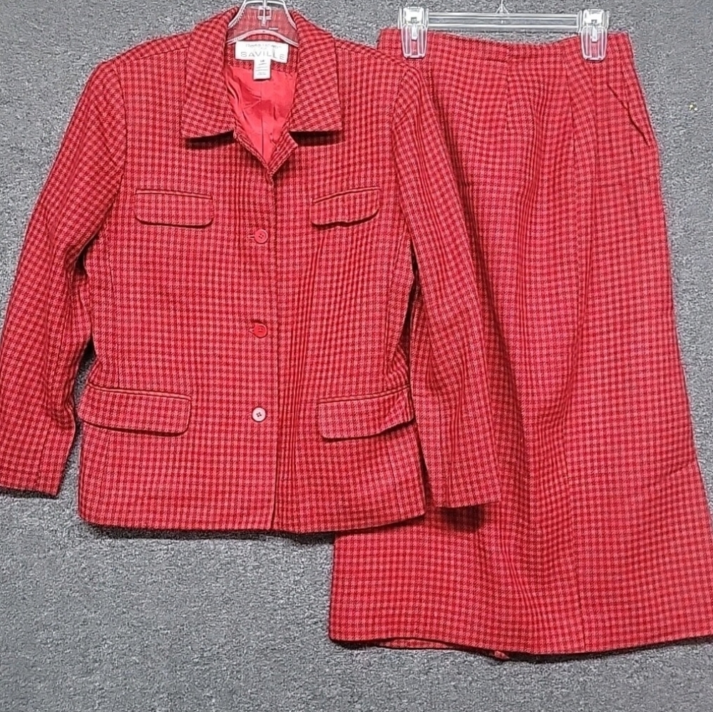 Vintage 80s Rena Rowan Skirt Suit Womens Size 14 Red Checked 100% Wool
